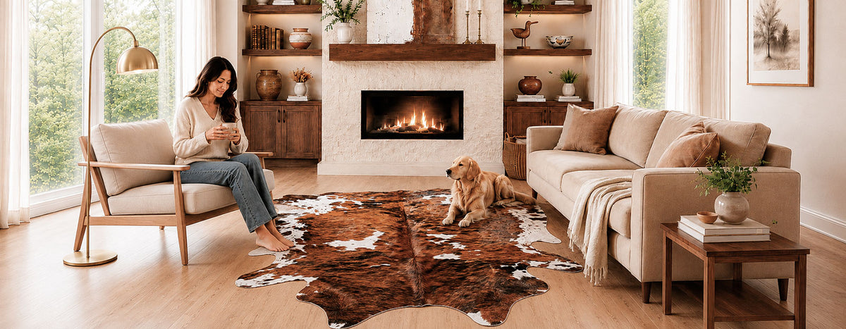 Cowhide rug with rich tricolor markings beside a woman and golden retriever in a bright living room with a fireplace.